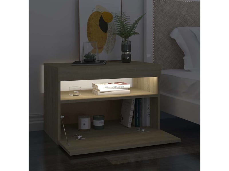  Table de chevet - cabinet de chevet - table de nuit avec lumières led chêne sonoma 60x35x40 cm  - Conforama D
