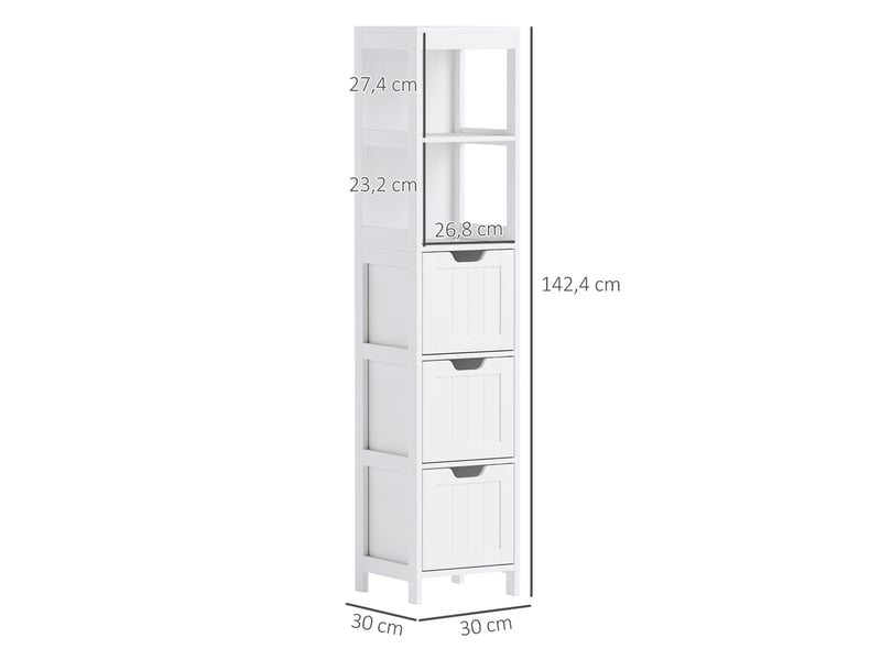  Meuble de rangement de salle de bain 30x30x142,4 cm 3 tiroirs 2 niches ouvertes mdf blanc  - Conforama E