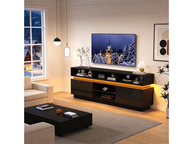 Meuble tv 160x35x60cm avec étagères verre trempé éclairage led, lowboard moderne finition haute brillance pour téléviseur jusqu’à 60 pouces, noir BUBBLY - Conforama E