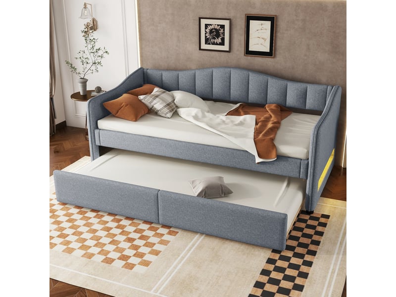 Lit gigogne 90x200 cm, avec tête de lit et led, en tissu, gris, sans matelas  - Conforama C