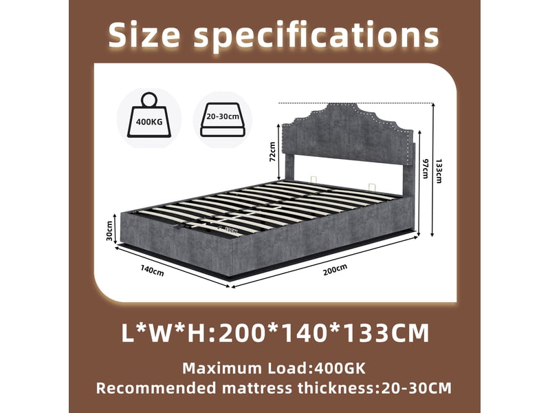  Lit 140 x 200 cm gris avec matelas inclus  - Conforama E