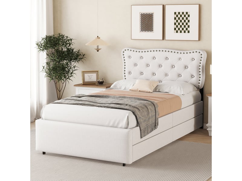  Lit avec rangement 90x200 cm en mdf avec tiroirs de rangement - beige  - Conforama C