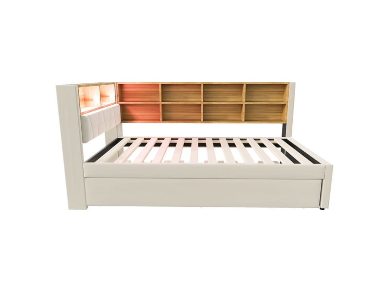  Canapé-lit 90x200 beige, lit gigogne 90x190, led, prises et rangements  - Conforama A