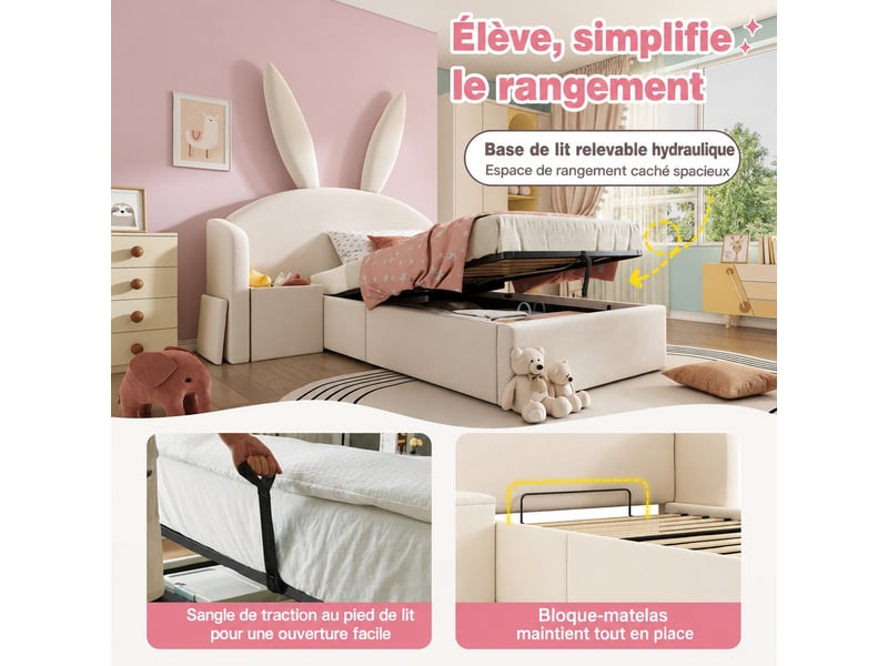  Lit enfant 90 x 190 cm rembourré beige en velours, rangement hydraulique, chevet modulable  - Conforama W