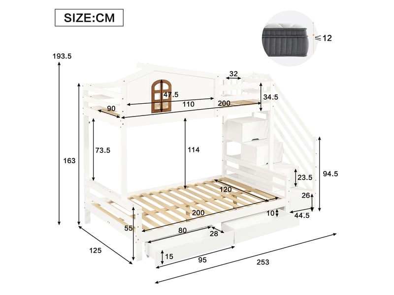  Lit superposé enfant 90x200 et 120x200 cm, 2 tiroirs, fenêtres et escalier d'angle, mdf, blanc et naturel sans matelas  - Conforama C