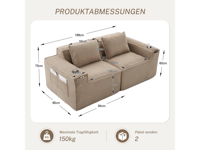Canapé modulable, canapé 2 places, poches latérales, porte-gobelets, sans montage, en velours, format compressé - Conforama R