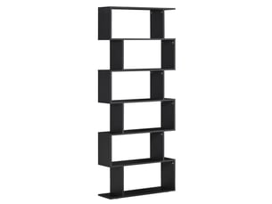 Bibliothèque design murale noire, 6 étagères, zigzag, bois, salonbureau, 80x24x191 cm.