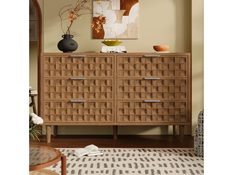 Commode 6 tiroirs avec rangement et poignées en métal pour salon en mdf 120×37×77 cm chêne - Conforama B