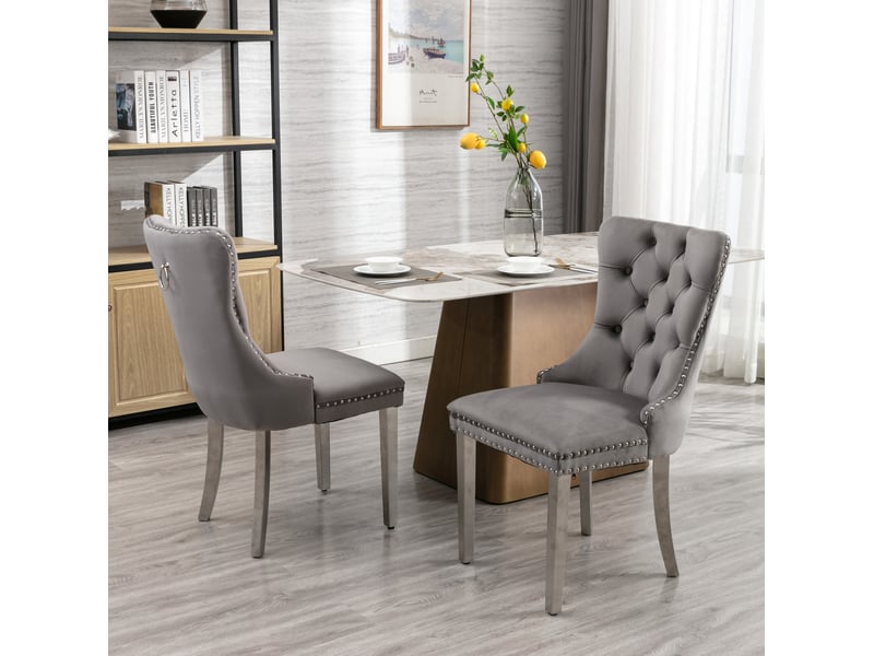  Lot de 2 chaises de salle à manger en velours gris avec pieds chromés  - Conforama D