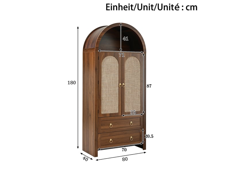  Buffet haut 80x40x180 cm avec 2 tiroirs et portes en rotin, coloris noyer  - Conforama E