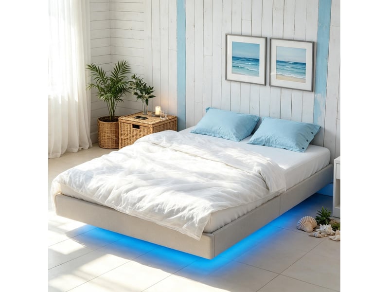  Lit double 140x190 cm avec cadre fixe en tissu effet lin beige, éclairage led rgb et sommier à lattes, sans matelas  - Conforama E