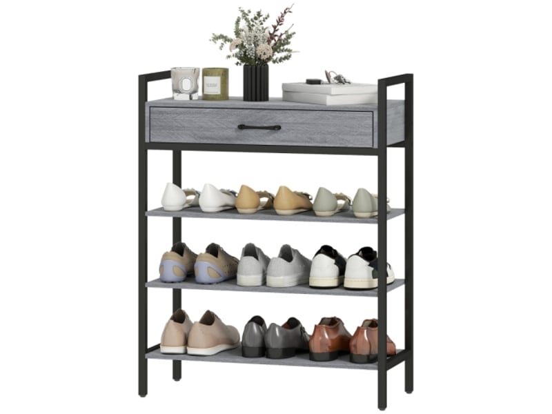 Étagère à chaussures 4 niveaux, jusqu'à 9 paires, métal et panneaux de particules, gris  - Conforama A