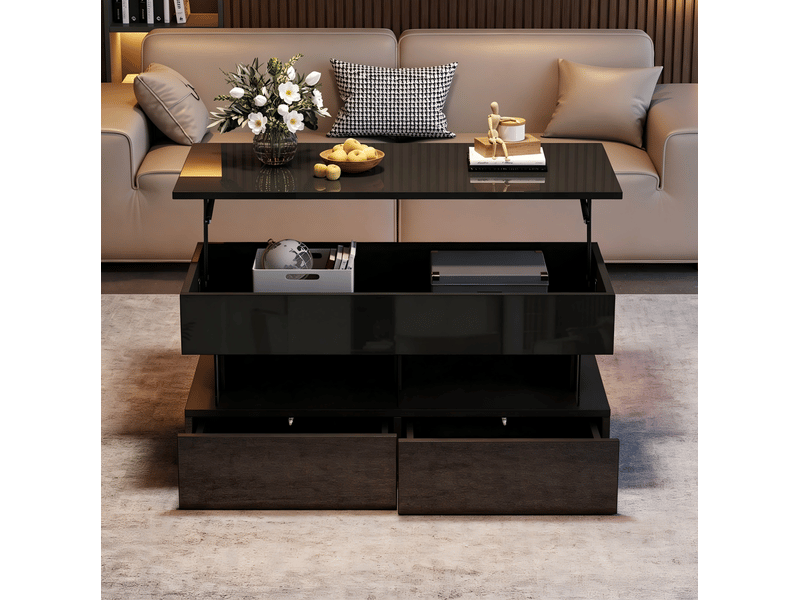  Table basse relevable avec 2 tiroirs, rangement caché, niche ouverte et led pour salon, 100 × 50 × 46 cm  - Conforama C