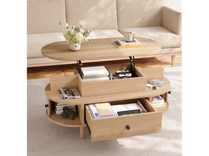  Table basse relevable avec tiroir, 2 portes coulissantes et 2 niches, pour salon, mdf naturel, 105 × 50 × 60,5 cm  - Conforama C