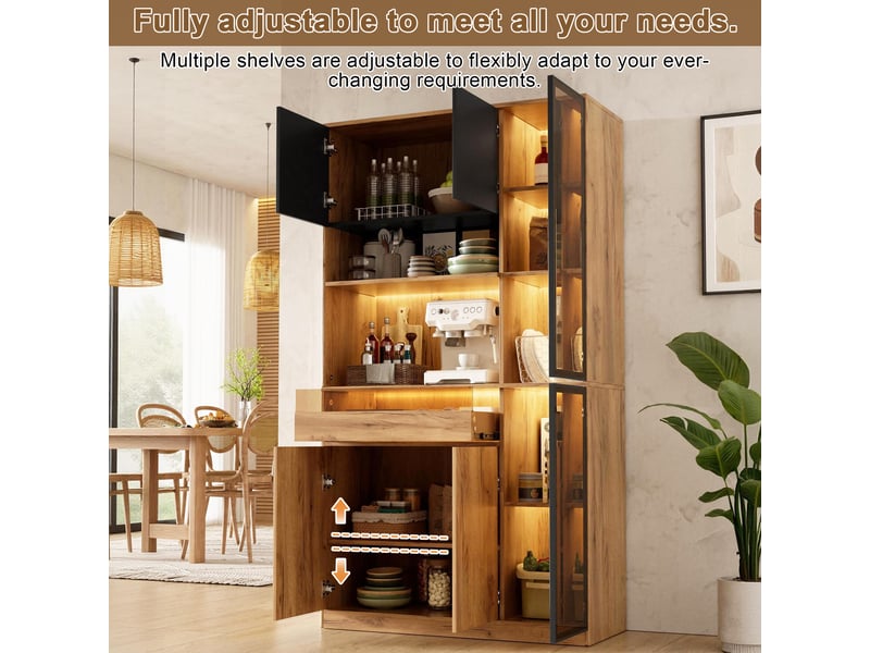 Buffet haut de cuisine 100 x 40 x 180 cm effet bois et noir, 6 portes dont 2 vitrées, tiroir, led par application et étagères, pour cuisine et séjour - Conforama E