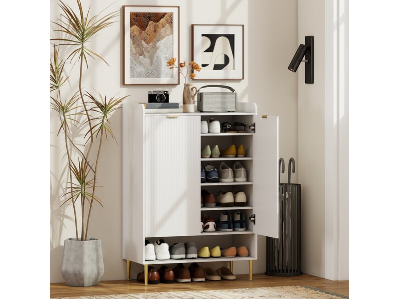  Étagère à chaussures gain de place pour 24 paires de chaussures, avec 2 portes, 3 étagères coulissantes et une étagère inférieure, blanche  - Conforama B