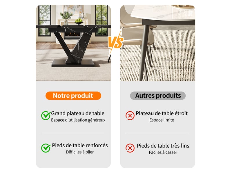 Table à manger extensible 120-160x75 cm pour 4 à 6 personnes, plateau mdf effet marbre noir, rallonge intégrée, pieds métal réglables - Conforama E