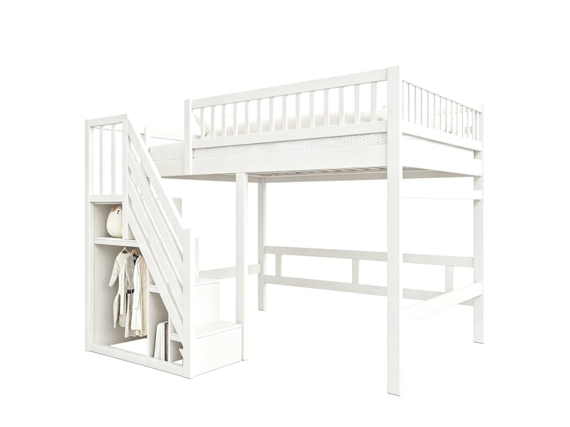  Lit mezzanine 140x200 en bois massif avec escalier de rangement, lit enfant blanc avec barrière de sécurité haute, gain de place  - Conforama C