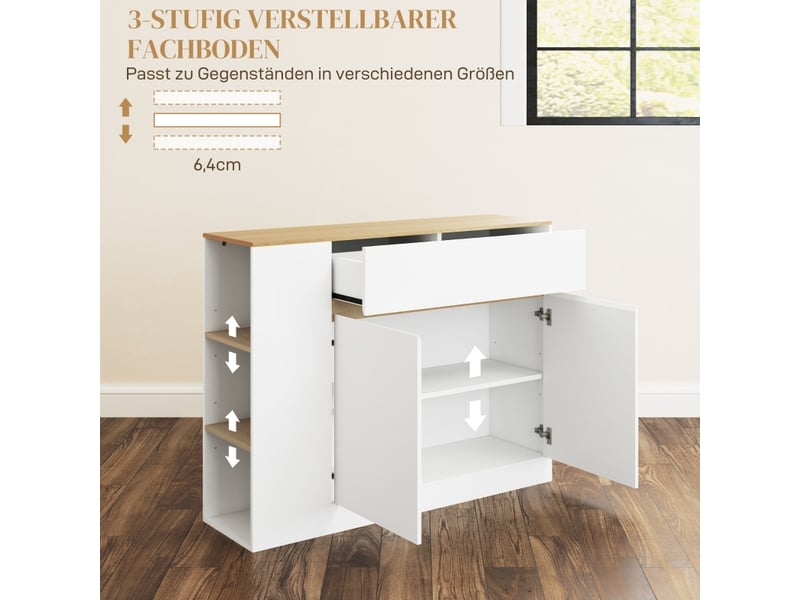  Buffet blanc 105x30x81,5 cm – tiroir, étagère réglable, système anti-basculement – meuble bas contemporain  - Conforama E