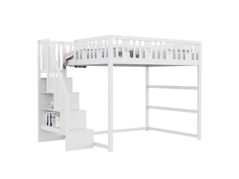  Lit mezzanine avec escalier 140x200 blanc en bois massif avec escalier, rampe sécurité et décoration étoile lune  - Conforama A