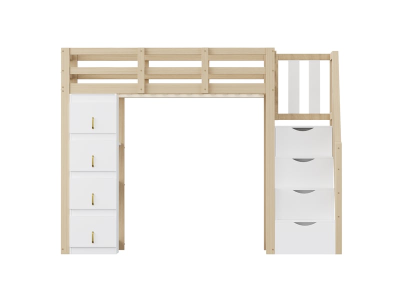  Lit mezzanine 90x200cm, li enfant avec 4 tiroirs, étagères, escalier, espace de rangement et sommier, pin+mdf, blanc+bois, sans matelas  - Conforama R