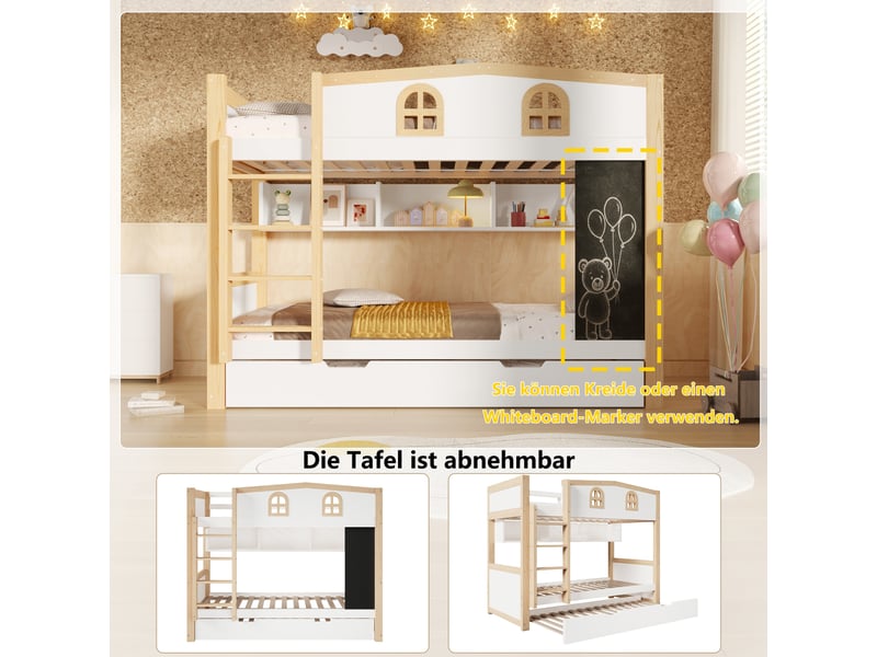 Lit superposé 90 x 200 cm avec lit gigogne, niches et tableau noir amovible, en pin et mdf blanc pour chambre enfant - Conforama R