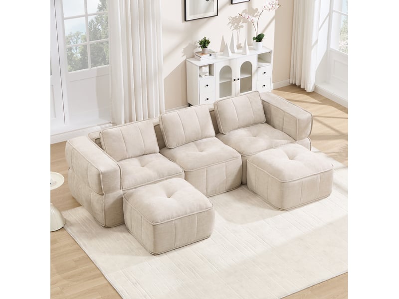  Canapé modulaire en u 3 places avec 2 poufs, assise profonde et mousse 32d, en polyester beige, 271 × 162 × 67 cm  - Conforama D