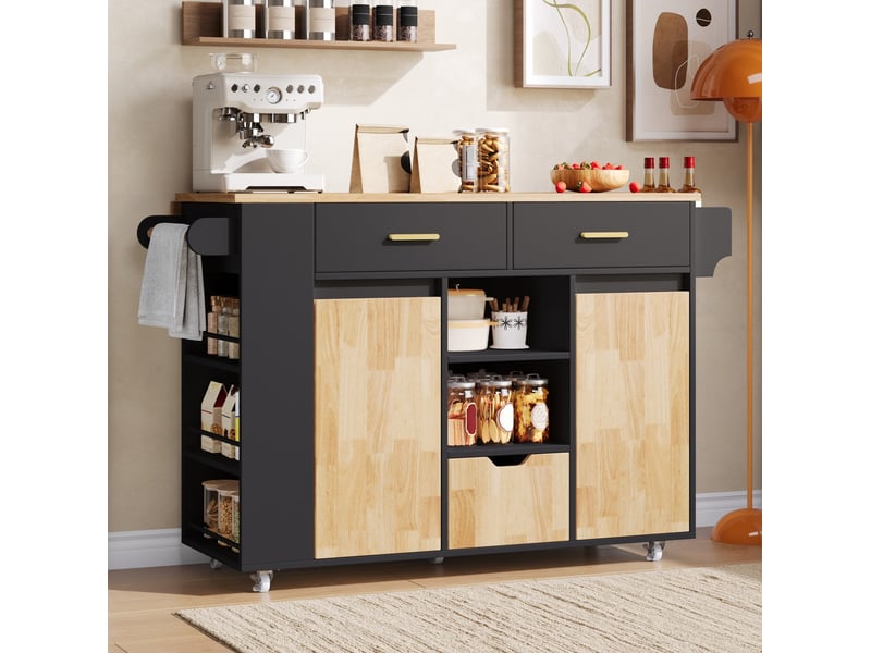  Desserte de cuisine 120 x 45(71) cm avec plateau rabattable, 3 tiroirs, noir naturel  - Conforama B