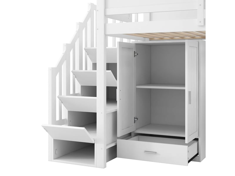  Lit mezzanine avec bureau 90 x 200 cm bureau intégré étagère intégrée armoire intégrée escalier de rangement éclairage led finition blanche  - Conforama E