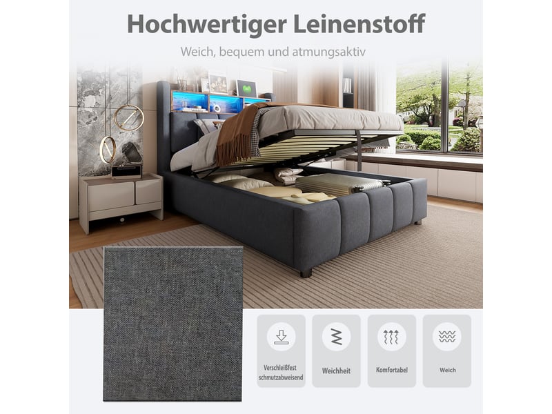  Lit coffre simple 90×200 cm avec led réglable, usb et port type-c - okmyhome- gris, matelas inclus  - Conforama E