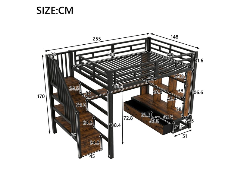  Lit mezzanine 140x200 cm noir en métal et mdf avec bureau, rangements et led  - Conforama C