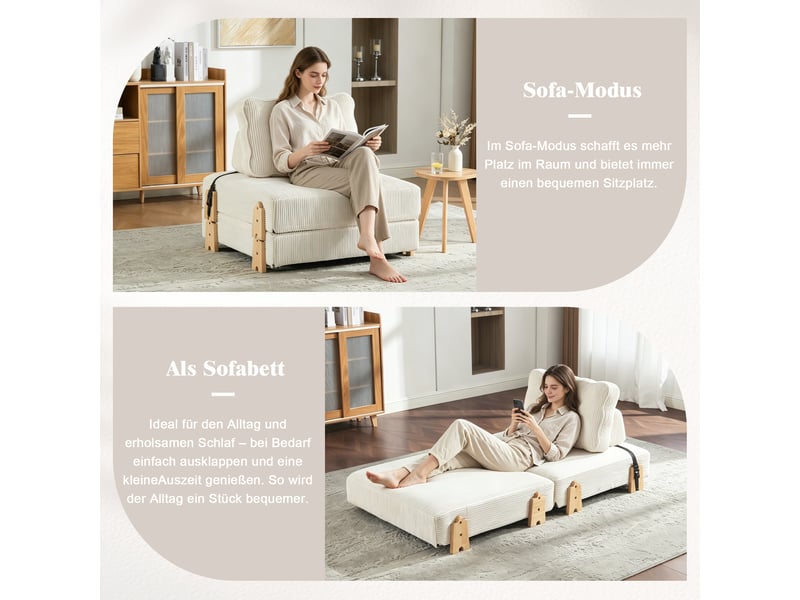  Canapé convertible, canapé-lit, 1 place, en velours tricoté, beige, pieds en bois, style scandinave, pliable  - Conforama C