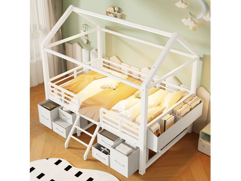  Lit mezzanine enfant 90x200 cm avec toit, 6 tiroirs et éclairage, pour chambre, en métal et mdf, blanc, sans matelas  - Conforama D