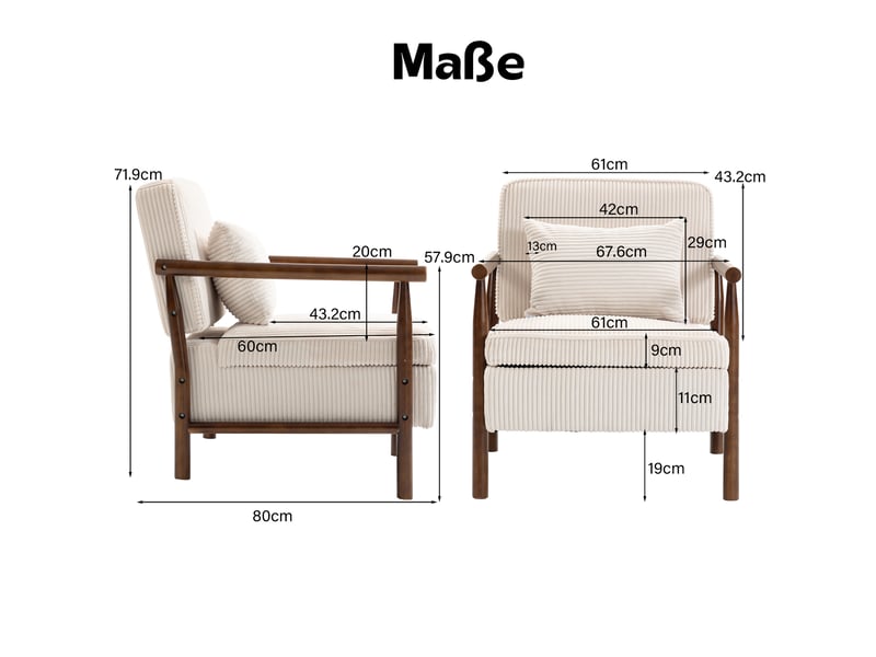  Fauteuil velours blanc style mid-century structure bois assise rembourrée avec coussin lombaire et rangement intégré 83x66x73 cm evarich - Conforama C