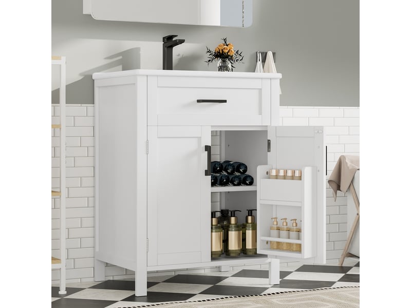  Meuble sous vasque avec 2 portes, 1 tiroir et étagère réglable, vasque en céramique, salle de bain, 60×46×84,8 cm  - Conforama B