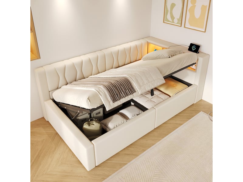  Lit superposé 90x200 cm, lit enfant, couchage d'appoint, rangement hydraulique, étagères, led, port usb, lin beige  - Conforama D