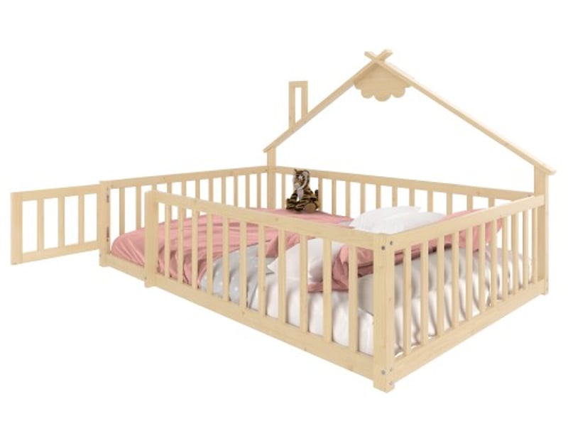  Lit enfant en bois - dimensions 140x190 cm - bois de pin naturel - design maison de rêve - garde-corps avec serrure 200x151x112cm - Conforama A
