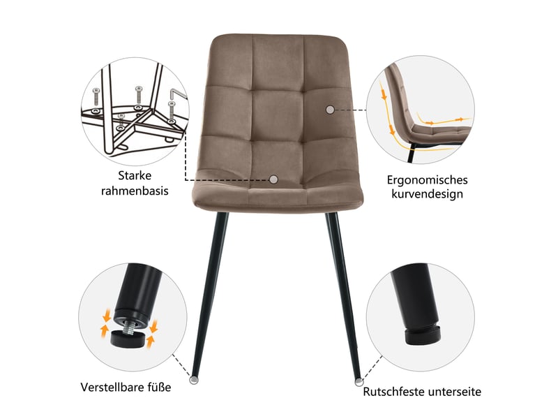  Ensemble table et chaises avec 1 table et 4 chaises  - pour cuisine - mdf, métal et velours - noyer  - Conforama E