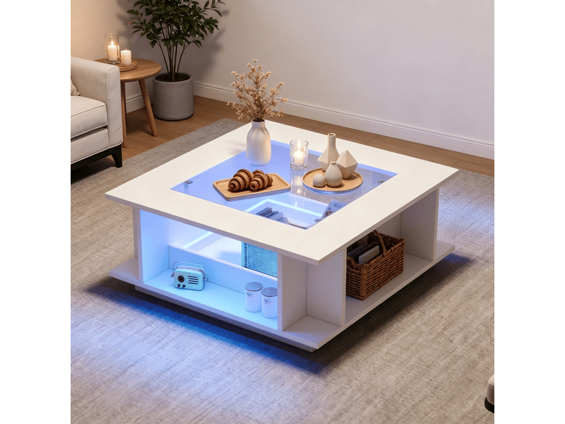  Table basse carrée blanche 70x70x30 cm avec plateau en verre, table de salon avec led contrôlable par application, finition brillante  - Conforama D
