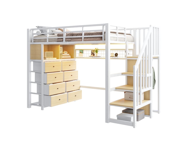  Lit mezzanine 90x200 cm en métal doté de led et rangement, coloris blanc  - Conforama A