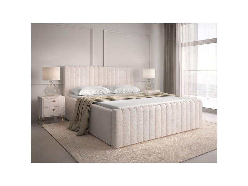  Lit coffre eloria 180x200 en tissu bouclé beige avec tête de lit capitonnée et sommier inclus  - Conforama B