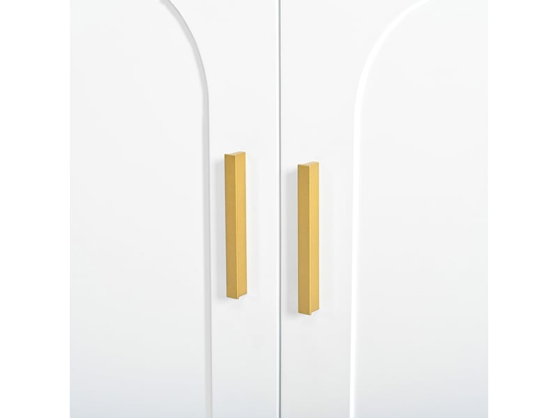 Buffet blanc 140 cm en mdf, 4 portes à relief arqué et 3 tiroirs, étagères réglables et poignées dorées - Conforama E