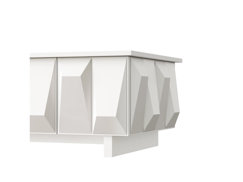  Table basse blanche avec rangement, 3 portes à façades structurées 3d, plateau spacieux, panneau de particules  - Conforama E