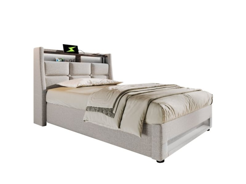  Lit coffre 90x200 cm, lit enfant avec port usb, éclairage led et rangement, tissu en lin beige, sans matelas  - Conforama A