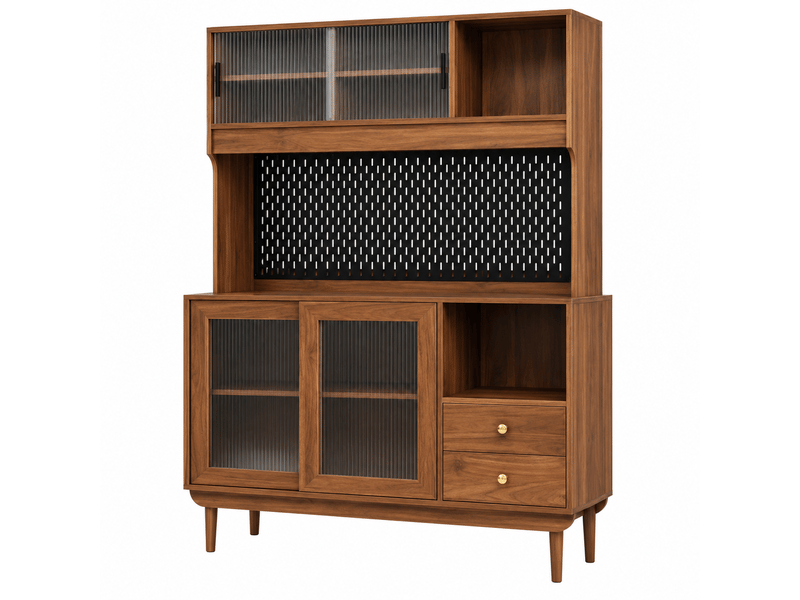  Buffet de cuisine avec portes coulissantes en verre cannelé, tiroirs et étagères ouvertes, panneau perforé, mdf et panneau de particules OMNIGLINT TRADING LTD - Conforama A