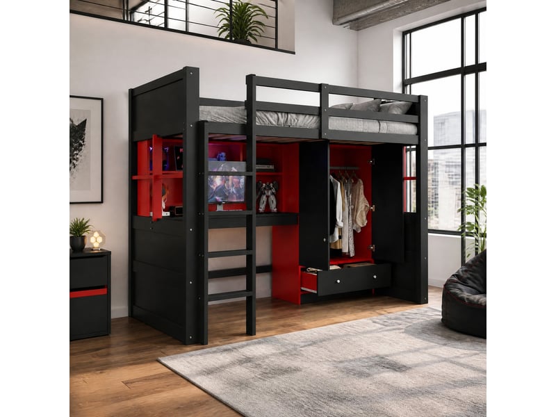  Lit mezzanine 90x200 cm avec bureau, armoire, tiroirs et led, noir et rouge  - Conforama C