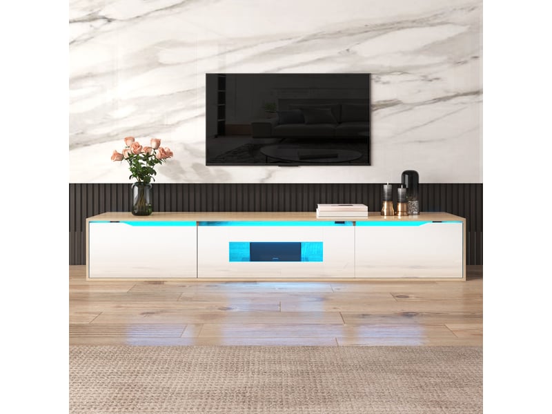 Vitrine & meuble tv 180×30×35 cm – couleur chêne + blanc laqué, led 16 couleurs - Conforama D