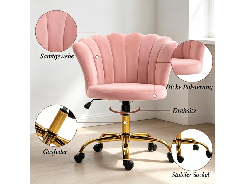  Chaise de bureau à roulettes réglable en hauteur, dossier pétale sans accoudoirs, en velours rose  - Conforama E