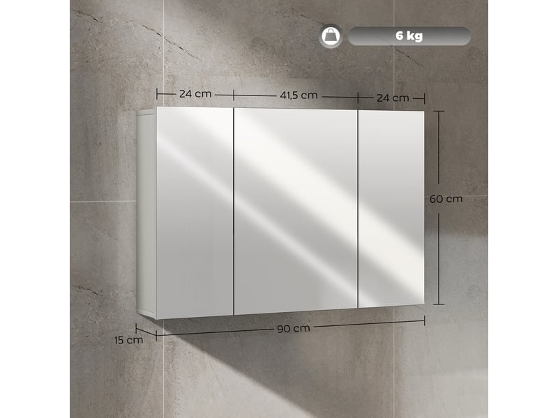  Armoire murale de salle de bain avec dim. 90l x 15l x 60h cm 3 portes miroir et étagères réglables en mdf gris  - Conforama C