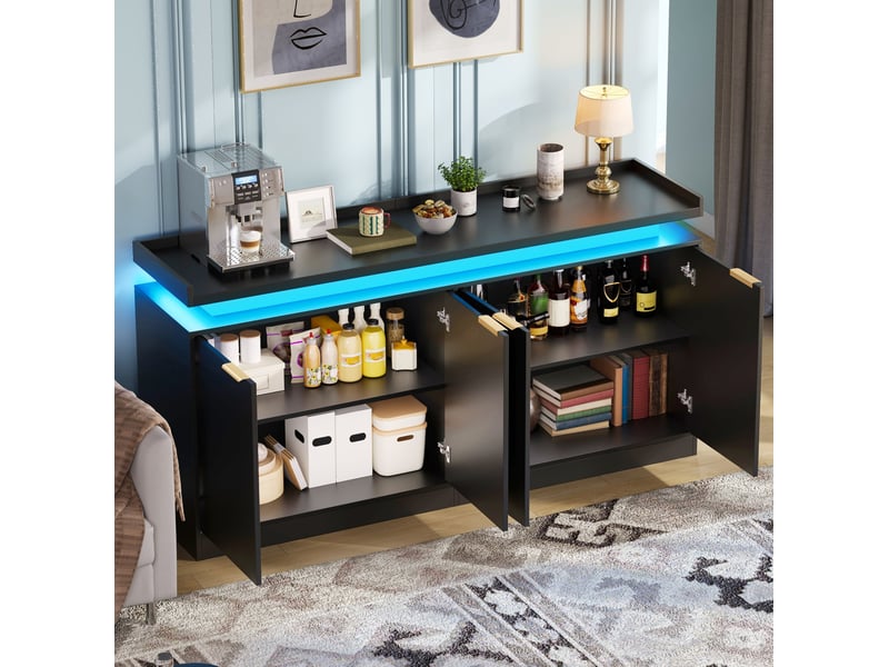  Buffet bas 160x39x83 cm, quatre portes avec led mdf, style moderne, meuble de rangement, pour la maison, coloris noir  - Conforama D